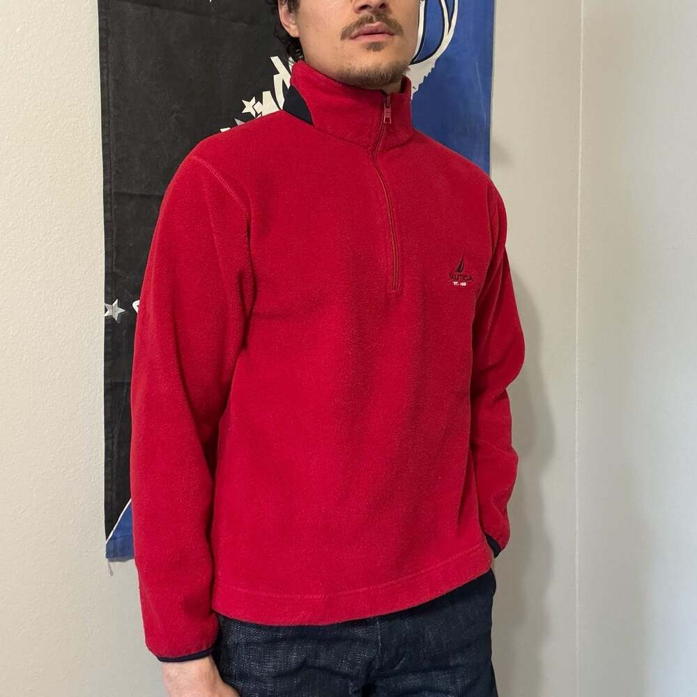 Vintage Nautica NS-83 Quarter Zip Fleece Pullover Red Spell Out Embroidered Smal